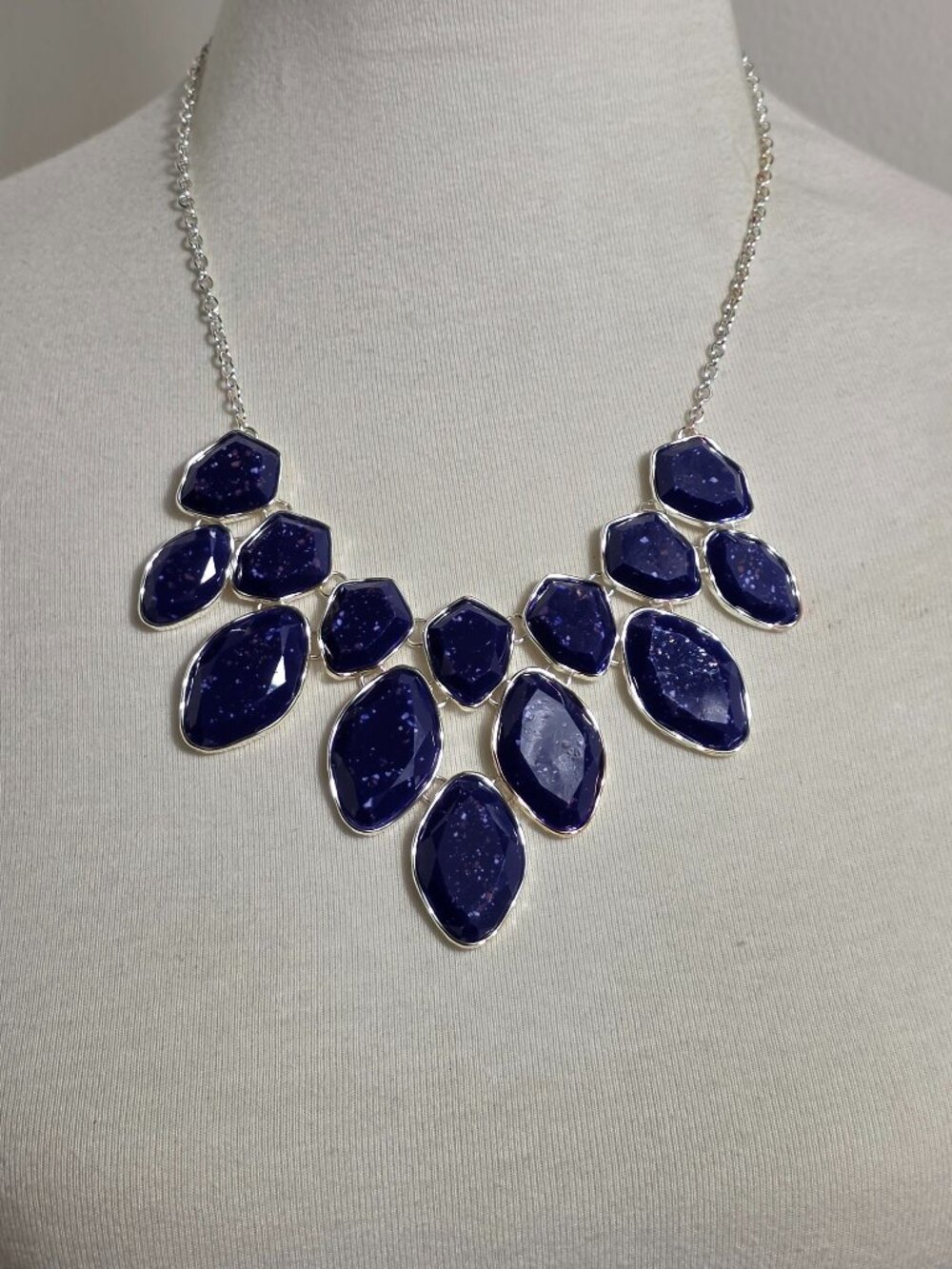 Style & Co Statement Necklace Dark Blue Speckled Stones Silver Tone Setting